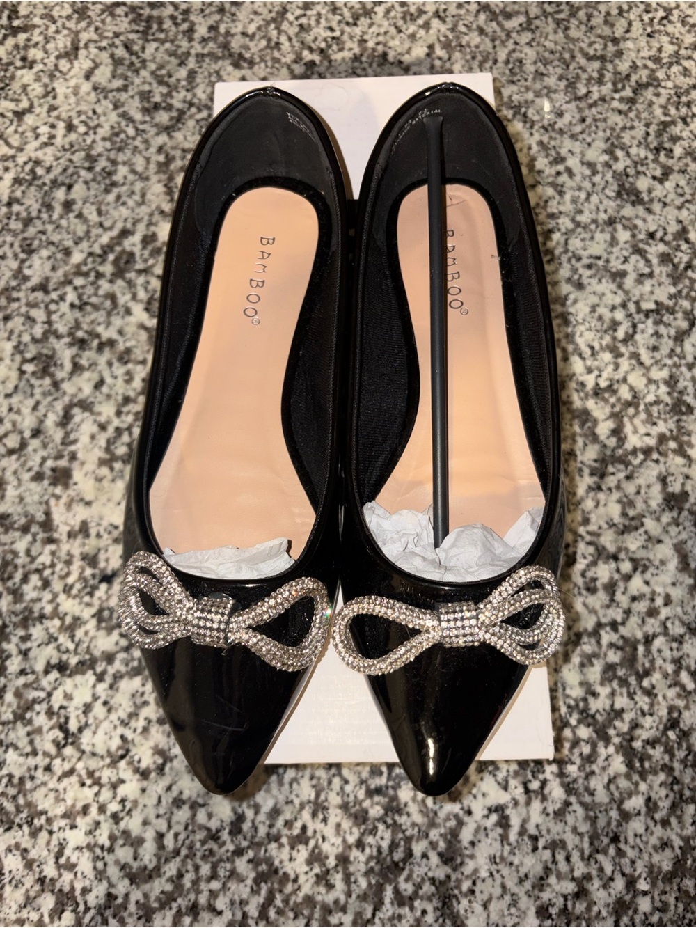 Black Rhinestone Bow Pointed Ballet Flats